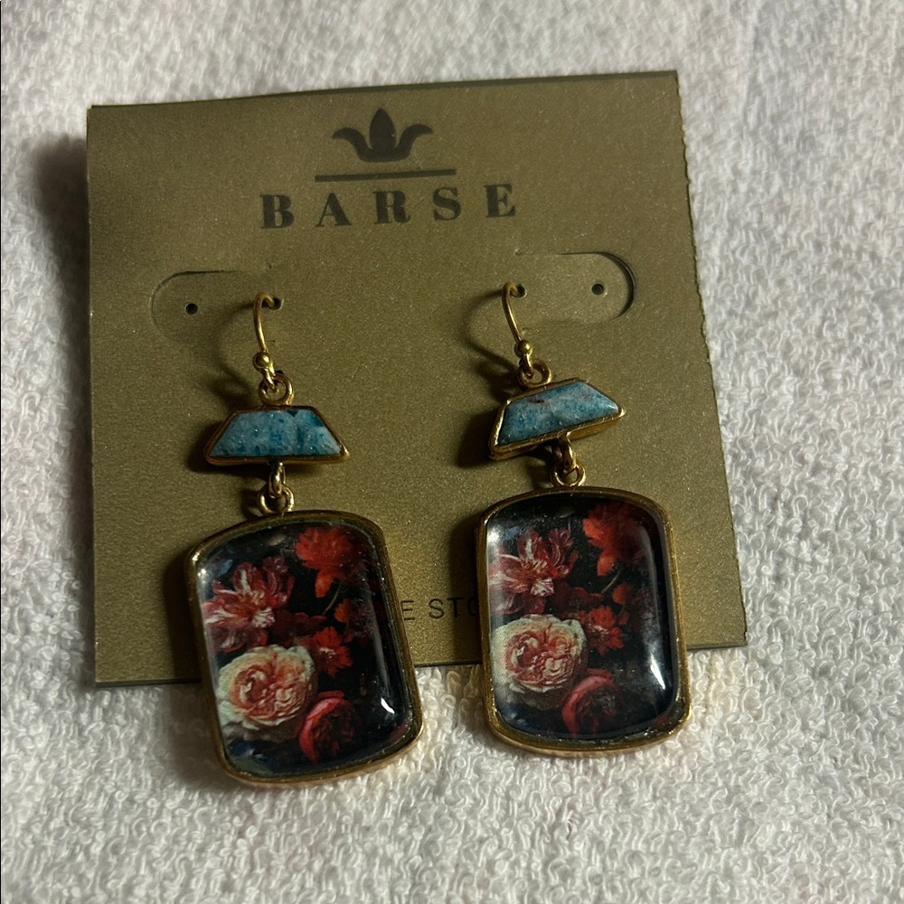 Scenic Dark Florals Blue Apatite Golden Drop Earrings Barse - Genuine Stones